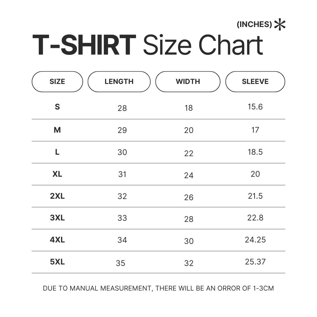 T shirt Size Chart - Hunter X Hunter Merch